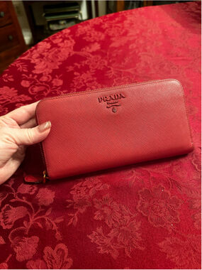 Prada Red Saffiano Leather Long Zip Around Wallet